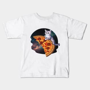 Cat retro vintage riding a slice of pizza in space Kids T-Shirt
